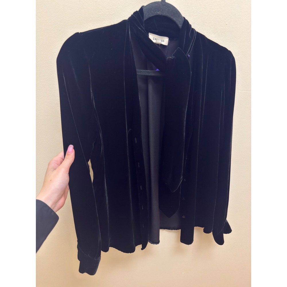 L'AGENCE Gisele Black Velvet Tie-Neck Blouse Long Sleeve Button Down Top 1210CCF - Picture 6 of 8